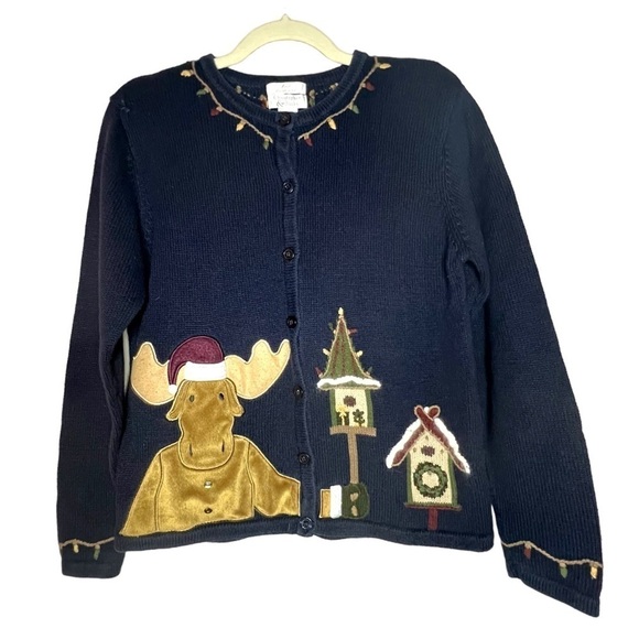 Vintage Moose & Birdhouse Christmas Sweater Cardigan Navy Size S - Picture 8 of 8